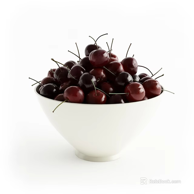 Fresh Ripe Red Cherries in White Ceramic Bowl on White Background 3d model 
