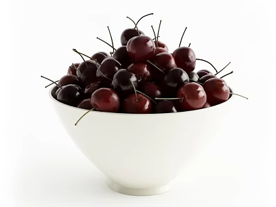Fresh Ripe Red Cherries in White Ceramic Bowl on White Background 3d model