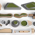 Creative Landscape Seats With Various Shapes Grass Covered And Wooden Elements 3d model