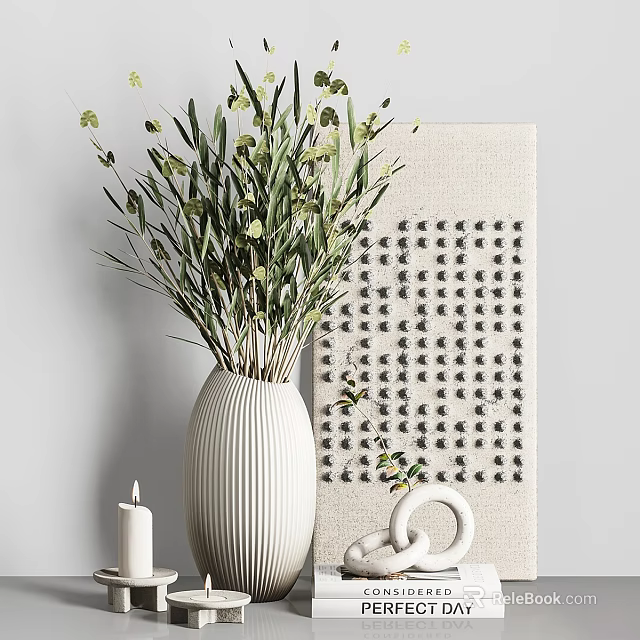 White Ribbed Vase With Green Foliage And Decorative Canvas Background And Candle 3d model 