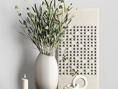White Ribbed Vase With Green Foliage And Decorative Canvas Background And Candle 3d model