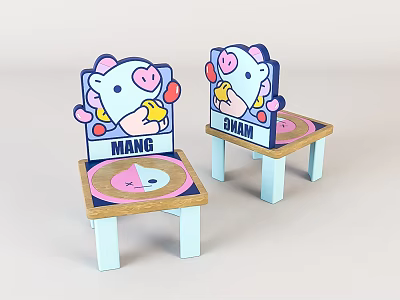 Cute Children's Chairs With Cartoon Pig Design MANG Lettering And Circular Seat Patterns 3d model