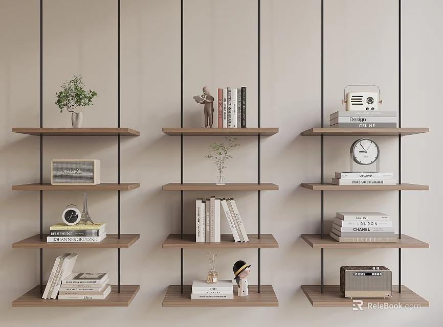 Modern Wooden Shelving Units With Books Potted Plant Vintage Radio Clock And Decorative Items 3d model 