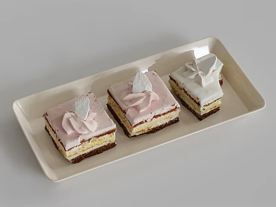 Three Layered Cakes Topped With Pink And White Cream And Silver Leaf On Rectangular Tray 3d model