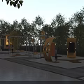 Outdoor Playground Equipment For Kids In Park With Yellow Climbing Structures And Trees