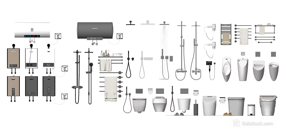 Complete Bathroom Fixtures Set With Water Heater Shower Heads Faucets Toilet Sinks And Towel Racks 3d model 