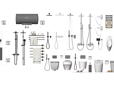 Complete Bathroom Fixtures Set With Water Heater Shower Heads Faucets Toilet Sinks And Towel Racks 3d model