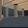 Spacious Hall Featuring Long Display Walls Awards Columns and Ceiling Lights on Carpeted Floor