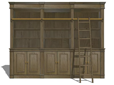 Traditional Wooden Wine Cabinet With Multiple Shelves And Ladder For Home Storage 3d model