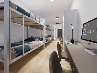 School Dormitory Room With Bunk Beds Desk Computer And Chair Setup 3d model