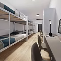 School Dormitory Room With Bunk Beds Desk Computer And Chair Setup 3d model