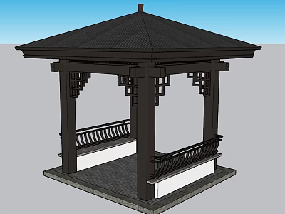Traditional Open Pavilion With Black Wooden Roof Ornate Railings And Decorative Pillars 3d model