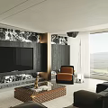 Modern Living Dining Room Interior With Black Sofa Wooden Coffee Table And Pendant Lights