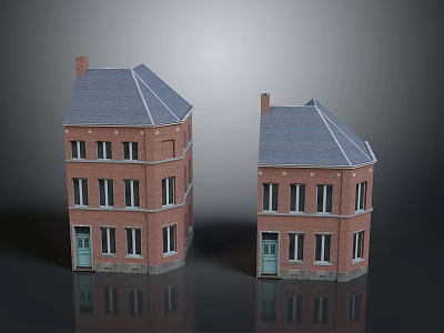 Two Red Brick Buildings With Gray Roofs Windows And Green Doors 3d model