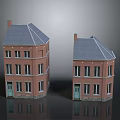 Two Red Brick Buildings With Gray Roofs Windows And Green Doors