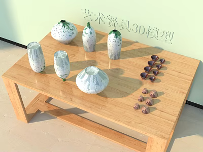 Wooden Tea Table With Artistic Tableware 3D Models And Patterned Ceramic Pieces 3d model