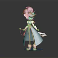 Cartoon Style Female Character With Red Hair Yellow Flower Turquoise Robe Holding Sword And Staff