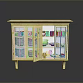 Traditional Wooden Cabinet With Open Glass Doors Displaying Dishes And Cups