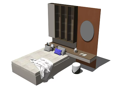 Modern Bedroom Interior Design With Bed Nightstand Wardrobe And Round Mirror 3d model