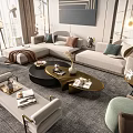 Modern Sectional Sofa And Coffee Table Set With Round Gold Frame Throw Pillows And Rug 3d model