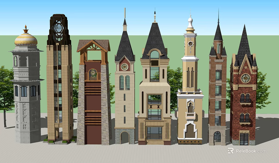 Various Architectural Tower Designs With Clock Spires and Diverse Facades 3d model 