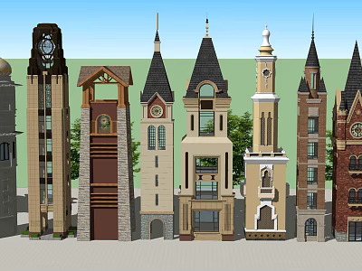 Various Architectural Tower Designs With Clock Spires and Diverse Facades 3d model