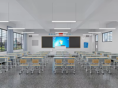 Modern School Classroom Interior With Desks Chairs Blackboard Electronic Screen Windows And Lighting 3d model