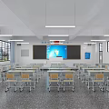 Modern School Classroom Interior With Desks Chairs Blackboard Electronic Screen Windows And Lighting