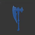 Ornate Battle Axe Weapon With Carved Metal Blade And Red Textured Handle