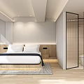 Modern Hotel Room Interior Featuring Wooden Accents Large Bed And Floor To Ceiling Windows With Terrace View