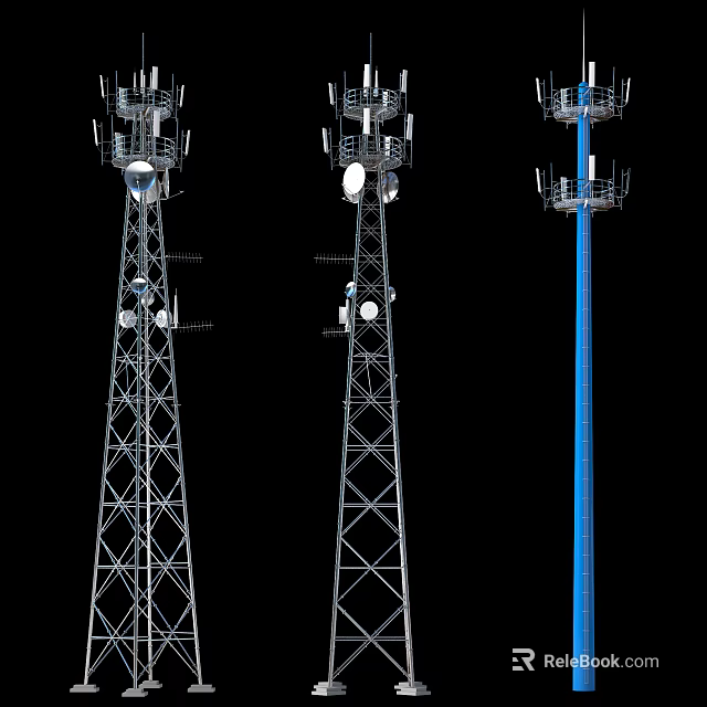 Industrial Communication Towers With Metal Structures And Blue Antenna Equipment 3d model 