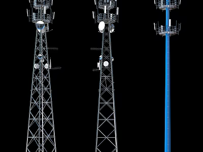 Industrial Communication Towers With Metal Structures And Blue Antenna Equipment 3d model