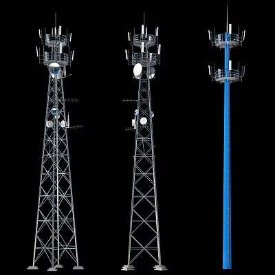 Industrial Communication Towers With Metal Structures And Blue Antenna Equipment 3d model