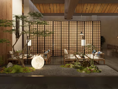 Traditional Tea House Interior With Wooden Ceiling Sliding Shoji Screens And Moon Decoration 3d model