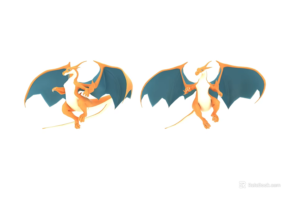 Two Charizard Plush Toys In Flying Pose With Blue Wings And Orange Body 3d model 