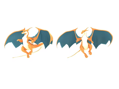 Two Charizard Plush Toys In Flying Pose With Blue Wings And Orange Body 3d model