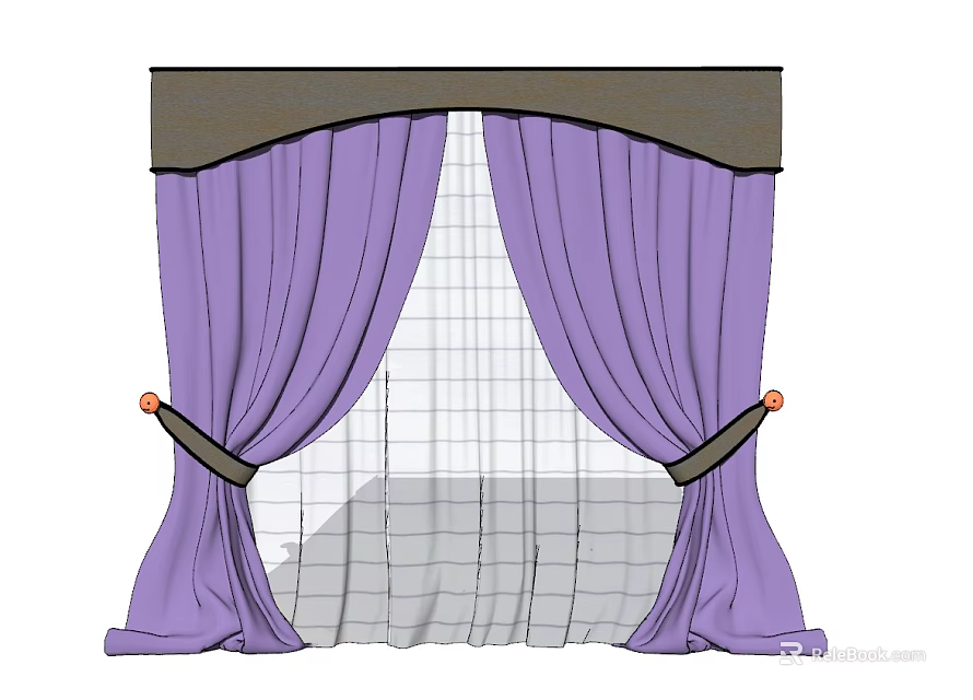 Purple Window Curtains With Sheer Layer Valance And Orange Tieback Balls 3d model