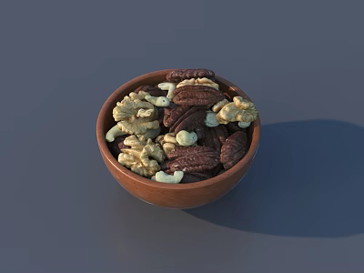 Brown bowl filled with assorted mixed nuts including walnuts and pecans 3d model