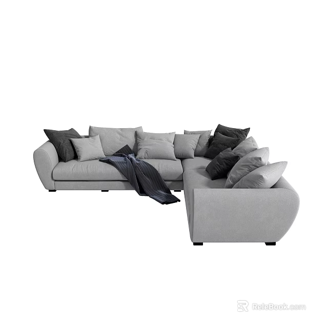 Modern Gray Sectional Sofa With Plush Pillows And Cozy Throw Blanket 3d model