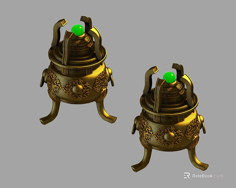 Golden Decorative Ornament Set With Incense Burner Shape Three Legs Carved Patterns And Green Beads 3d model 