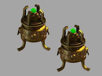 Golden Decorative Ornament Set With Incense Burner Shape Three Legs Carved Patterns And Green Beads 3d model