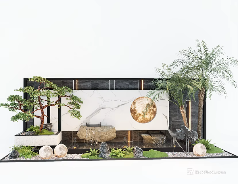 Elegant Landscape Wall Design With White Marble Round Golden Decor Bonsai Pine And Palm Trees 3d model 