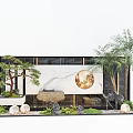 Elegant Landscape Wall Design With White Marble Round Golden Decor Bonsai Pine And Palm Trees