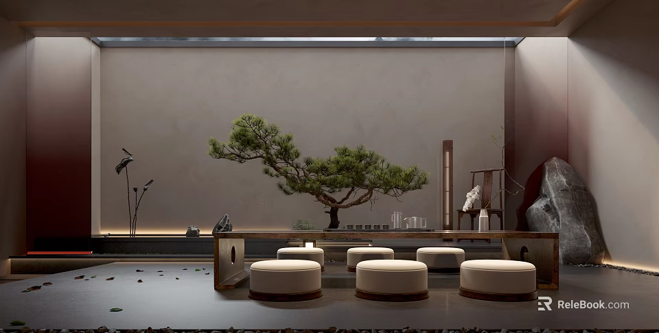 Zen Inspired Tea Room Interior Design With Pine Tree Round Cushions And Decorative Items 3d model 