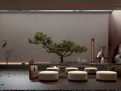Zen Inspired Tea Room Interior Design With Pine Tree Round Cushions And Decorative Items 3d model