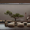 Zen Inspired Tea Room Interior Design With Pine Tree Round Cushions And Decorative Items