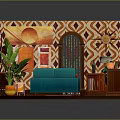 Vibrant Living Room Interior With Blue Sofas Green Plants Geometric Pattern Walls And Coffee Table
