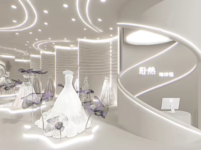 Elegant Modern Bridal Shop Interior With Wedding Dresses And Butterfly Decorations 3d model