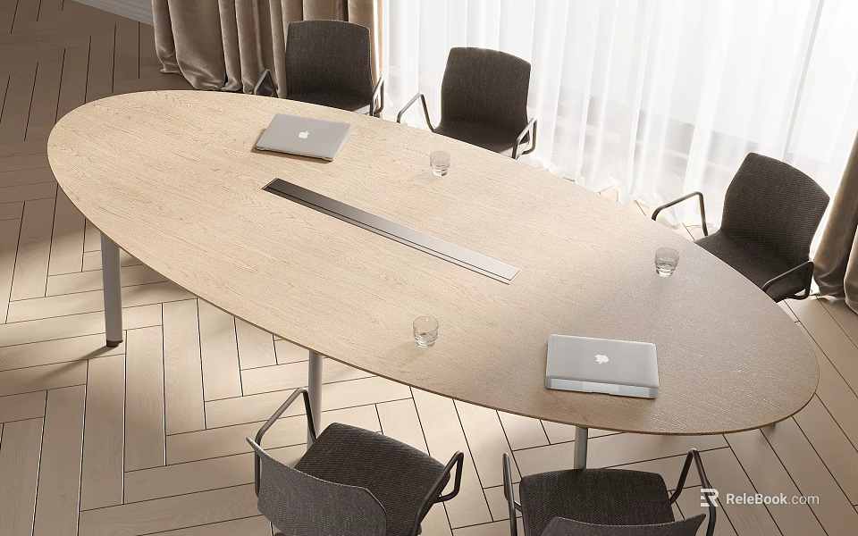 Modern Light Brown Oval Conference Table With Laptops Glasses And Gray Chairs On Herringbone Flooring 3d model 