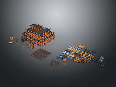 Traditional Architecture 3D Model with Orange Black Design Modular Roof and Detachable Parts 3d model